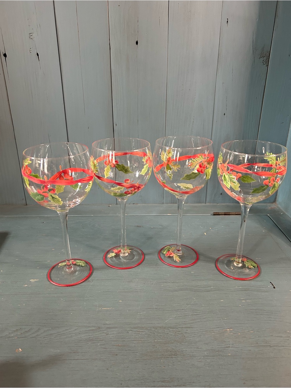 Handprinted Holiday Red & Green Wine Stem Glasses - Set of 4 | Holly Berries